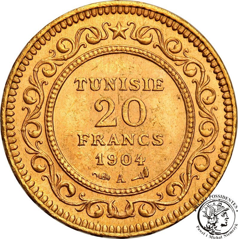 Tunezja Muhammad al-Hadi 20 Franków AH 1322 (1904)  mennica A-Paryż st.1